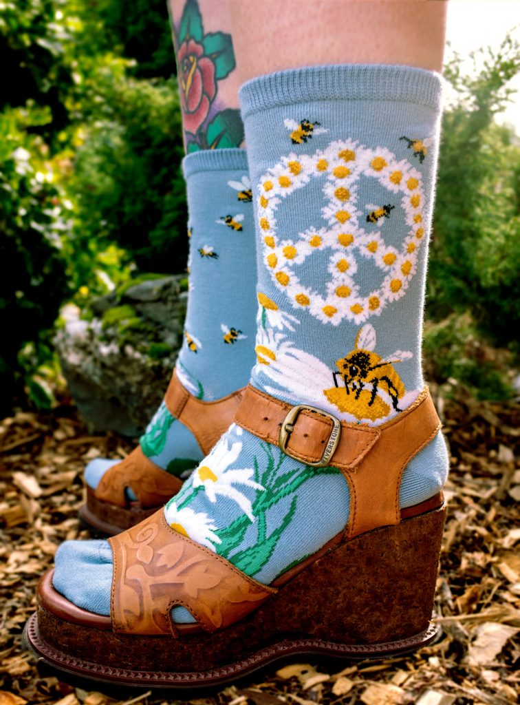 Bees socks aka Give Bees a Chance socks by ModSocks for cute hippie style are charity socks for Sarah bee girl organization.