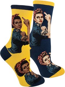 Nasty Rosie the Riveter socks by ModSocks in blue and yellow.