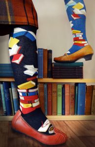 Book socks aka Bibliophile socks by ModSocks in blue and black at the library.