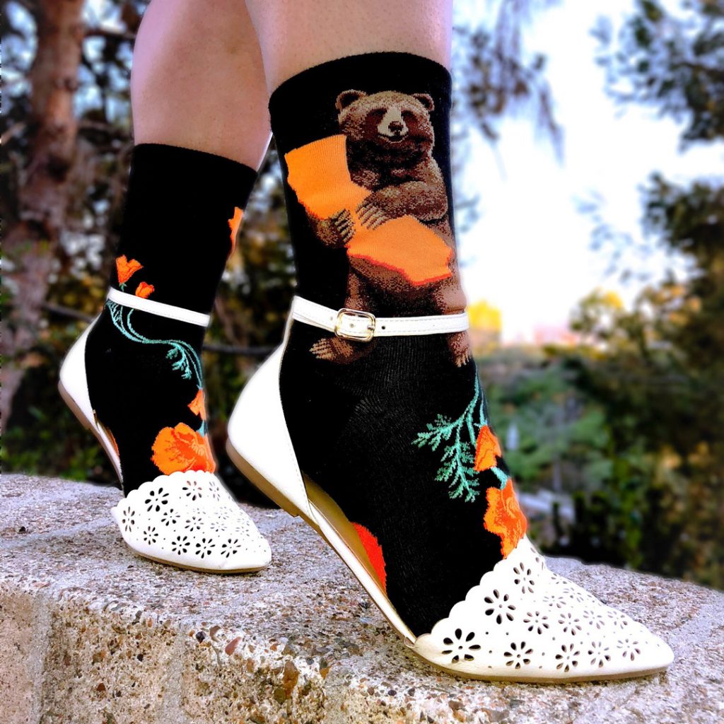 California bear socks by ModSocks worn as a souvienier of California pride.