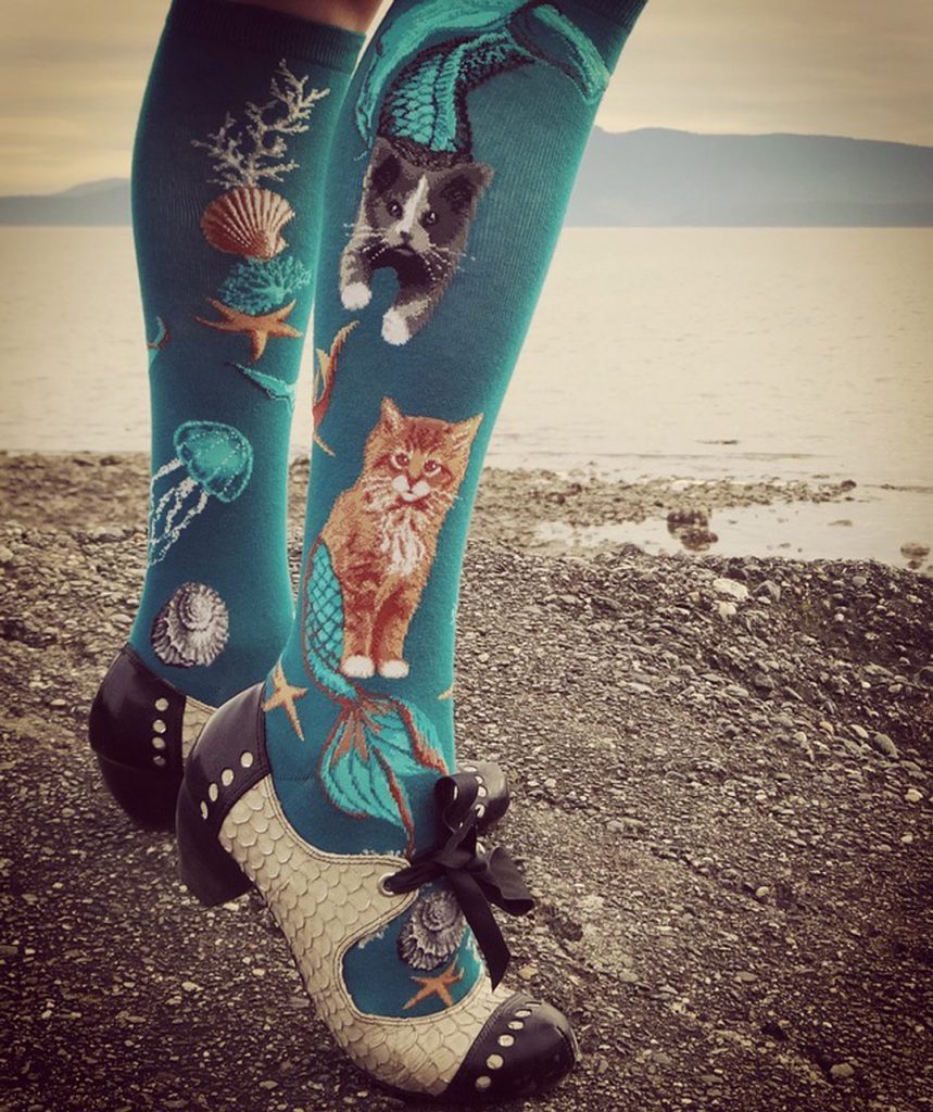 Cat mermaid socks aka purrmaid socks aka mercat socks by ModSocks in knee high on the beach.