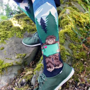 Sasquatch socks with Bigfoot holding Washington State by ModSocks in knee high.