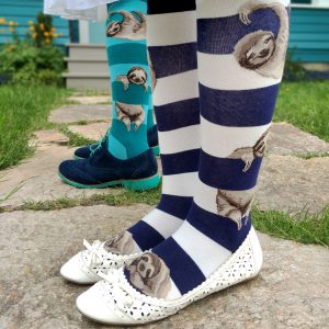 Sloth socks by ModSocks in teal striped sock style.