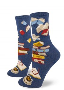 Stacked book socks in this blue sock for book lovers by ModSocks.