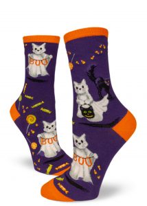 Halloween socks with ghost cats aka Catspurr trick-or-treating with Halloween candy by ModSocks.