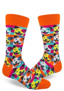 Pop art-style mens socks with pit bull dog socks in orange by ModSocks.