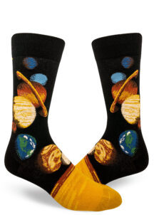 Solar system socks for men with planets like Jupiter, Mars, Neptune, Mercury, Saturn and Earth on a black sock by ModSocks.