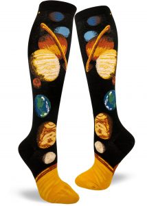 Solar system knee socks with planets including Jupiter, Mars, Neptune, Mercury, Saturn and Earth by ModSocks.
