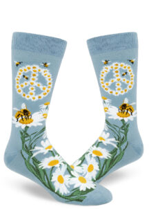Gray blue socks with honey bees, a peace sign and daisies.