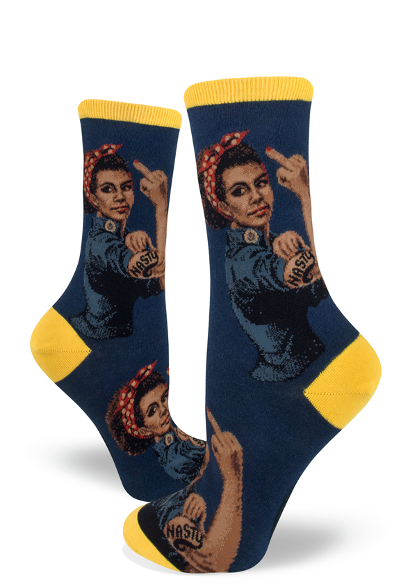 Navy crew socks depict a Black Rosie the Riveter flipping the bird.