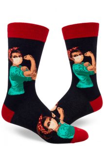 Black Rosie the Riveter nurse crew socks for men in navy and red