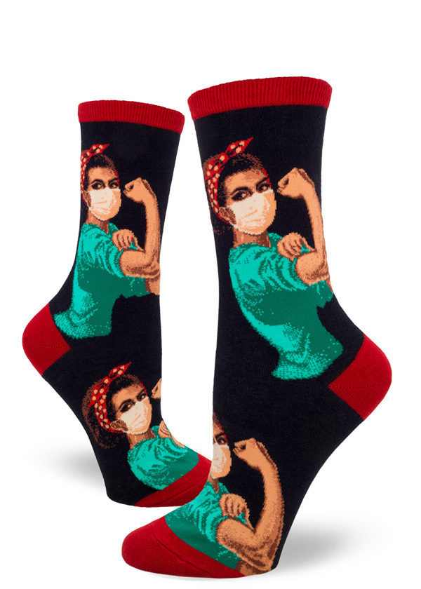 Black Rosie the Riveter nurse crew socks in navy and red