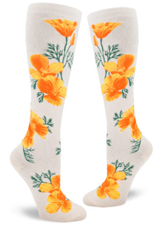California poppy-themed floral knee socks, with bright orange flowers on a heather cream background.