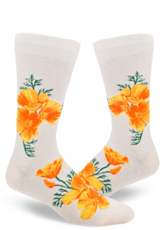 California poppy socks for men, with bright orange flowers on a heather cream background.