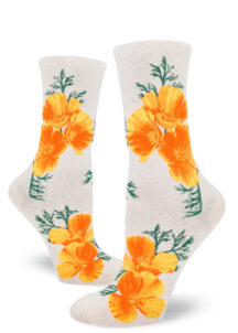 Floral socks for women in a California poppy design, with bright orange flowers on a heather cream background.