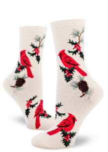 Cardinal socks for women with a cardinal bird and holly berry design on a cream background.