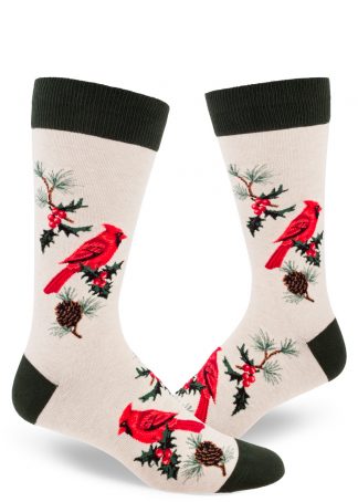 Cardinal socks for men with a cardinal bird and holly berry design on a cream background.
