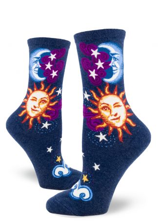 Celestial socks for women with a sun, moon and star design on a heather navy background.