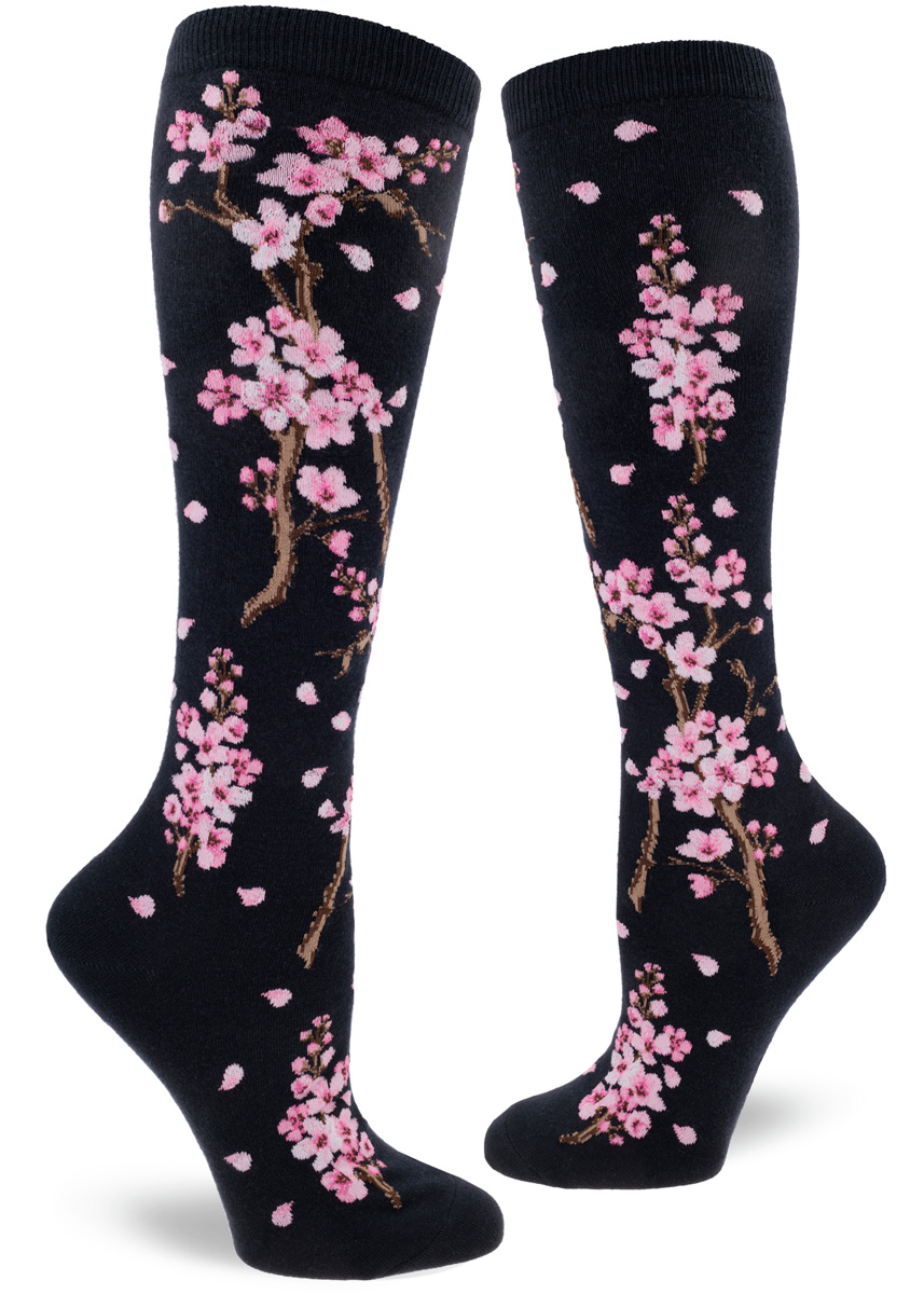 Cherry Blossom Knee Socks Navy Modsocks Novelty Socks