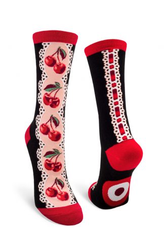 Black socks with a design of cherries, red ribbon and white eyelet lace.