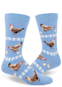 Cute men's crew socks feature chickens and chicks on a heather blue background.
