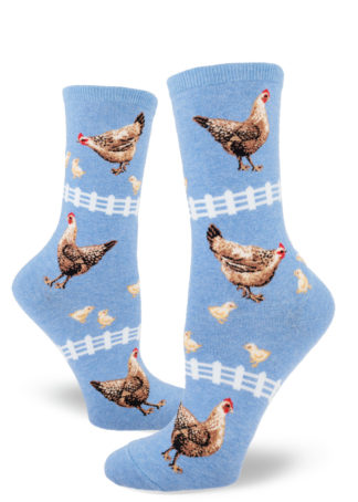 Cute women's crew socks feature chickens and chicks on a heather blue background.