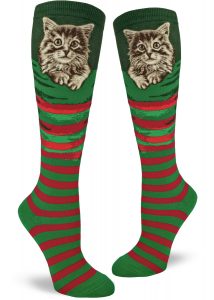 Christmas kitten knee socks with a fluffy little cat in a red and green stocking.