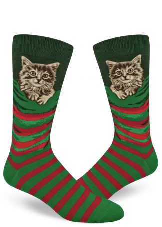 Christmas cat men's socks with a cute kitten in a red and green stocking.