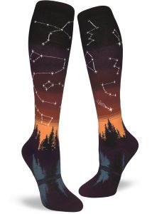 Constellation knee socks with stars and orange gradient sky by ModSocks.