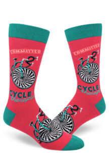 Funny men's socks with the words "Committed Cycle Therapy" and a bicycle graphic in red and teal.