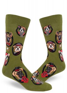 Olive green novelty socks with dog breeds wearing clothes.