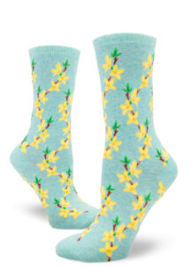 Forsythia blossom crew socks with a yellow floral design on a heather aqua background.