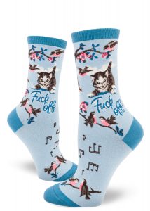 A kitten says "Fuck off" to little singing birds on these funny blue novelty socks.