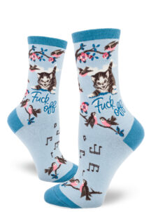 A kitten says "Fuck off" to little singing birds on these funny blue novelty socks.