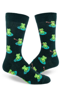Dark green men's crew socks with an allover repeating pattern of bright green frogs sitting on lily pads, some catching flies with their tongues.