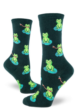 Dark green women's crew socks with an allover repeating pattern of bright green frogs sitting on lily pads, some catching flies with their tongues.