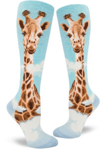 A giraffe with his head in the clouds on knee-high aqua socks.