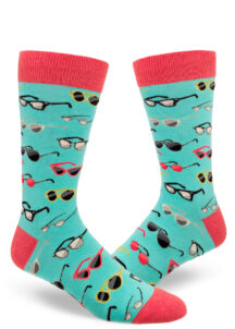 Aqua men's socks with a pattern of retro eyeglasses and sunglasses.