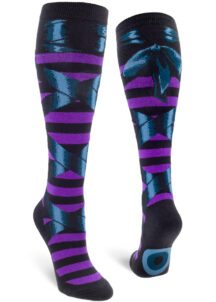 Knee socks that give the illusion of a black lace-up ballet slipper feature a background of goth stripes in purple and black.