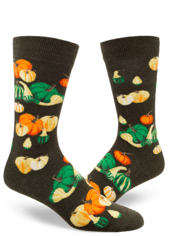 Heather moss green men's socks with a design of colorful gourds