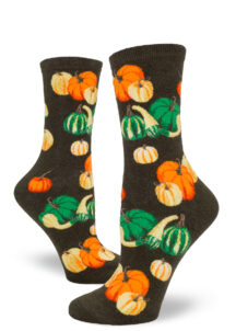 Heather moss green women's socks with a design of colorful gourds