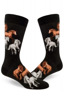 Black socks with a pattern of gray and brown horses.