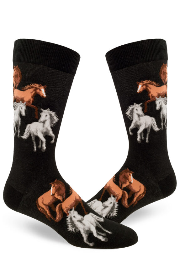 Black socks with a pattern of gray and brown horses.