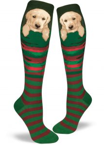 Cute labrador knee socks with holiday stocking pupper by ModSocks.