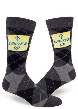 Men's argyle socks for lawyers with a sticky note that says "Lawyer Up."