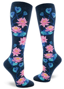 Lotus blossom knee socks with a pink floral design on a heather navy background.