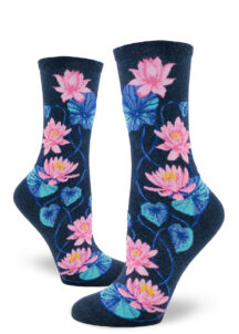 Lotus blossom women's crew socks with a pink floral design on a heather navy background.