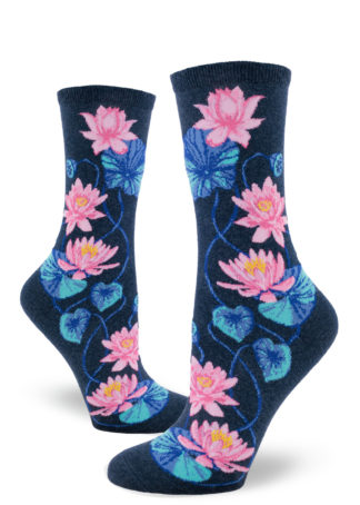 Lotus blossom women's crew socks with a pink floral design on a heather navy background.