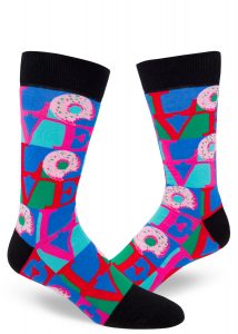 LOVE sculpture parody art socks in red, pink, green and blue with a donut for an "O."