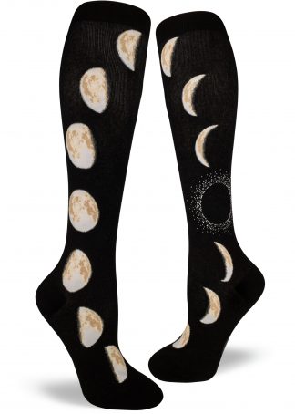 Moon phase knee socks with lunar cycles for star gazers by ModSocks.